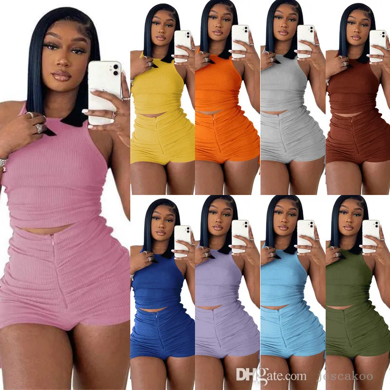 Retail Womens Tracksuits 2022 Designer Summer 2 Piece Yoga Pants Set Vest Shorts Pleated Drawstring Outfits Ladies Sportswear