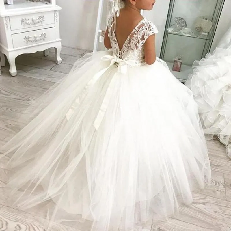 Abiti da ragazza Fiore bianco Ragazza senza maniche Applique in pizzo Tulle soffice per matrimoni Festa serale Prima comunione