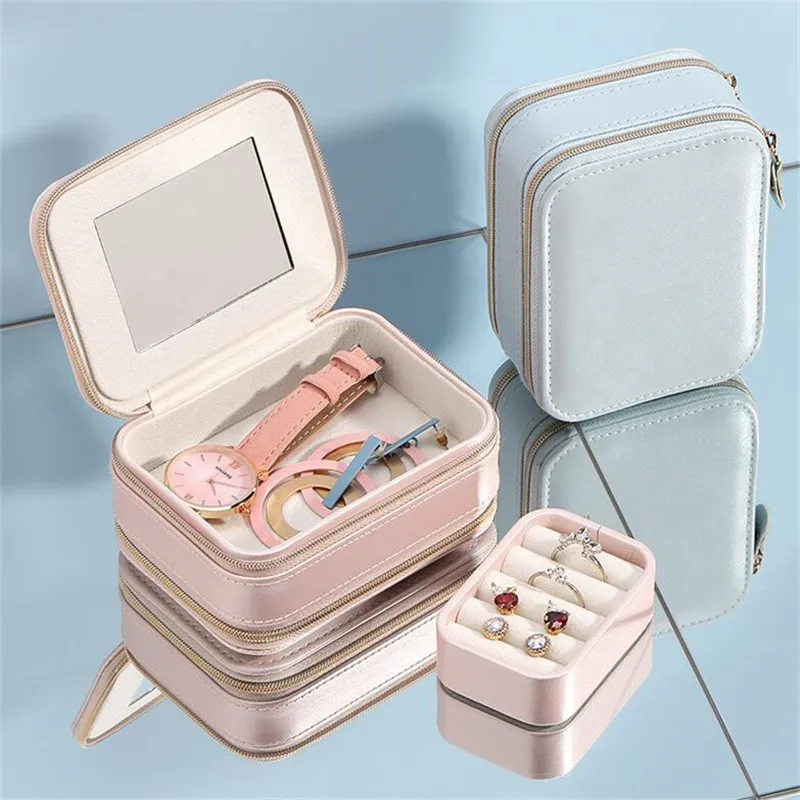 Draagbare reisjuwelenbox met spiegel dubbele ritsjipper pu lederen mini geschenken case display opslag organizer voor ringen oorbellen kettingen armbanden