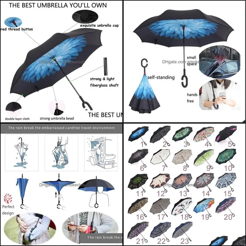 UV Protection Umbrella C-Hook Hands Folding Double Layer Inverted Chuva Umbrella Self Stand Inside Out Rain Windproof