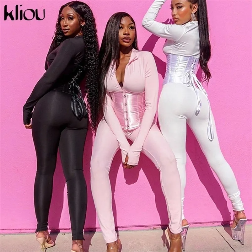 Kliou 2020 Automne Mode Femmes 2 pièces Tenues Casual Combinaisons Bandage Corset Assortiment Ensemble Activewear Fitness Skinny Stretchy LJ201125