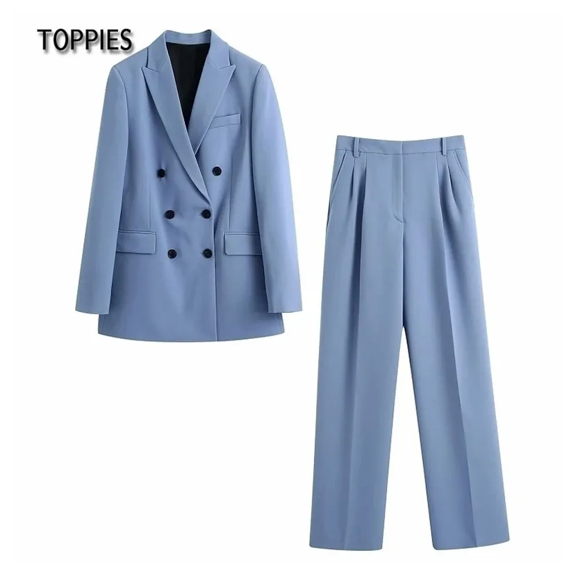 Toppies Woman Pant Suits Office Lady Blazer Two Piece Set Double Breasted Suit jas Hoge taille rechte broek 210331