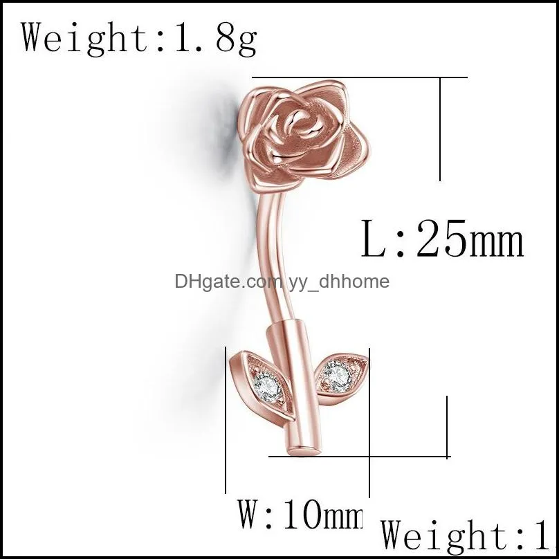 Sexy Cute Rose Flower Leaf Shape Belly Button Rings Crystal Zircon Drop Dangle Navel Ring For Women Men Body Piercing Jewelry