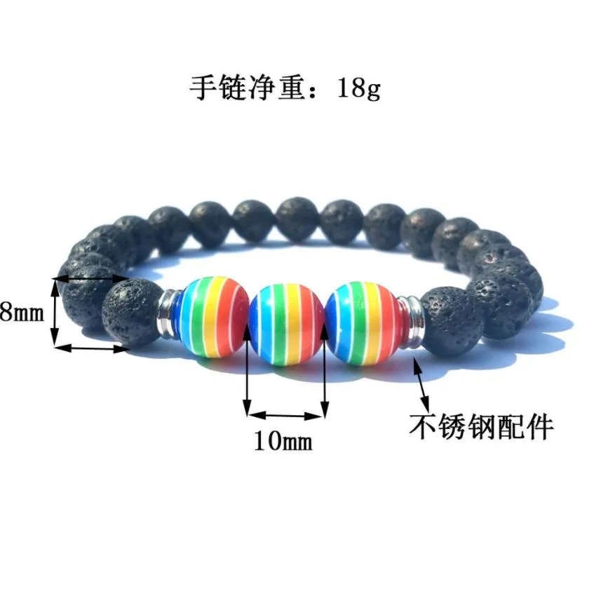 10mm rainbow striped 8mm black lava stone beads elastic bracelet essential oil diffuser bracelets volcanic rock beaded hand strings