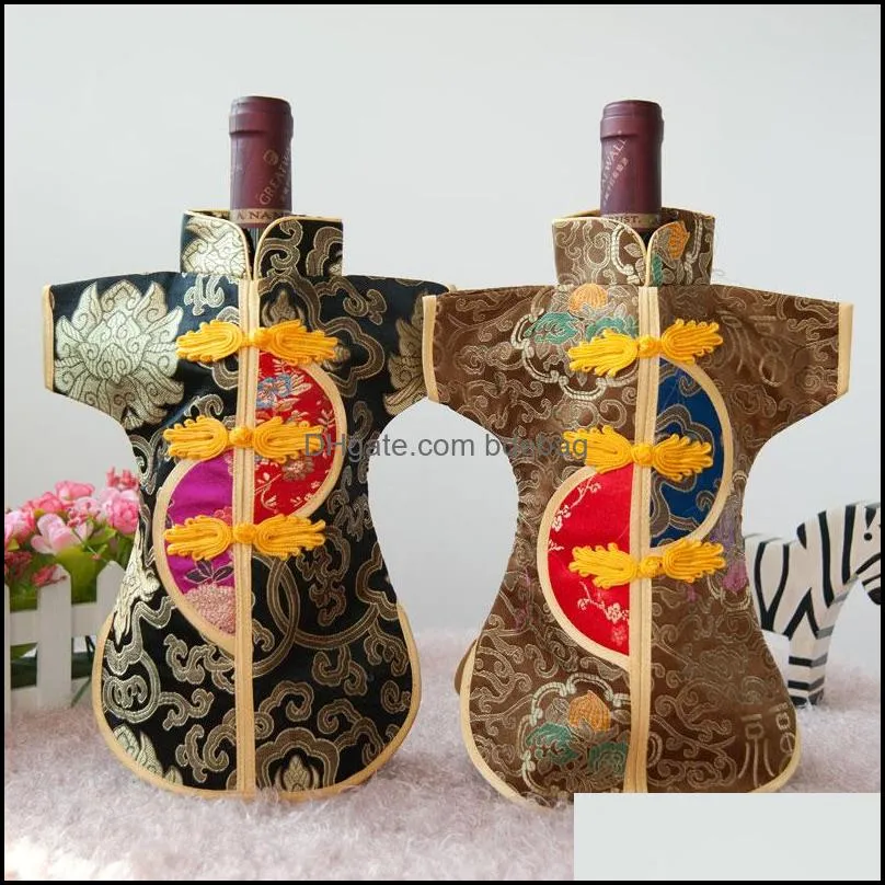 Vintage Chinese knot Christmas Wine Bottle Bag Dining Table Decoration Wine Cover Bottle Packaging Bags Silk Brocade Pouch fit 750ml