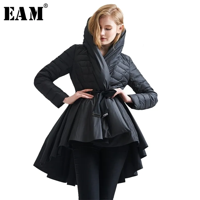 EAM Temperament Winter Fashion Loose Coat Pattern Dovetail Hem Parkas Jackets Women Solid Color Coat YA108 201126