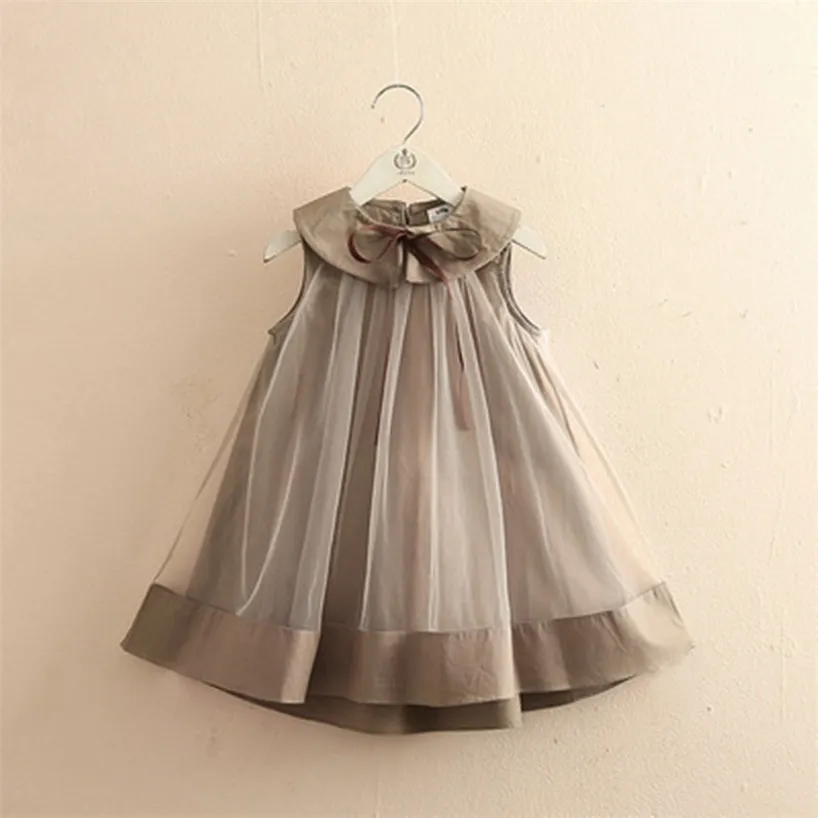 Summer 3 6-12Years Children College Style Veil Mesh Peter Pan Collar Princess Patchwork Sleeveless Dress For Kids Baby Girl 220426