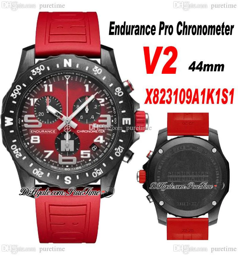 2022 V2 エンデュランス プロ 44 ミリメートルミヨタクォーツクロノグラフメンズ腕時計 X82310A51B1S1 PVD スチールオールブラックレッドダイヤルラバーストラップストップウォッチスーパーエディション Puretime G03F6