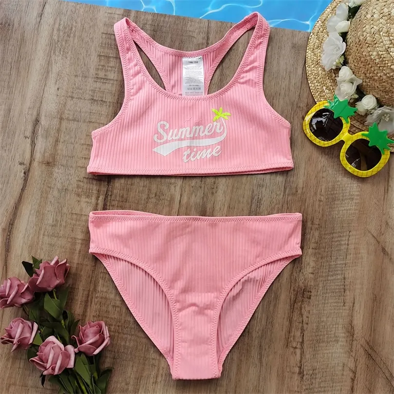 7-14 Ans Fille Maillot De Bain Enfants Lettre Imprimer Bikini Ensemble Sport Deux Pièces Maillots De Bain Pour Enfants Ceinture s Maillot De Bain Beachwear 220426