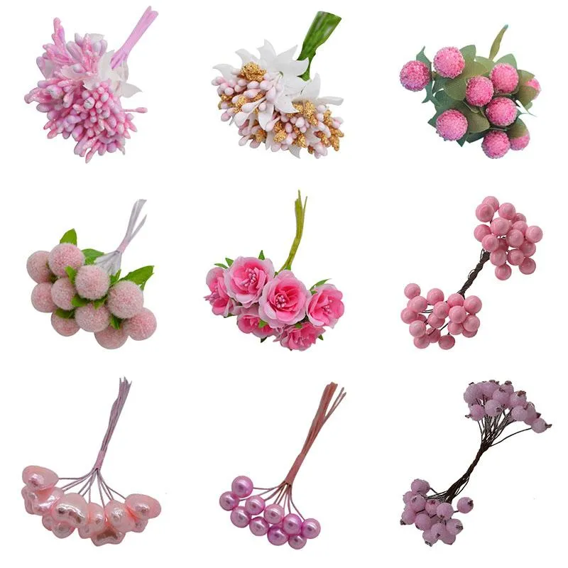 Ghirlande di fiori decorativi Stame di fiori artificiali rosa Bacche di ciliegio ibride miste per ghirlanda di Natale fai-da-te Decorazione di nozze per torte artigianali