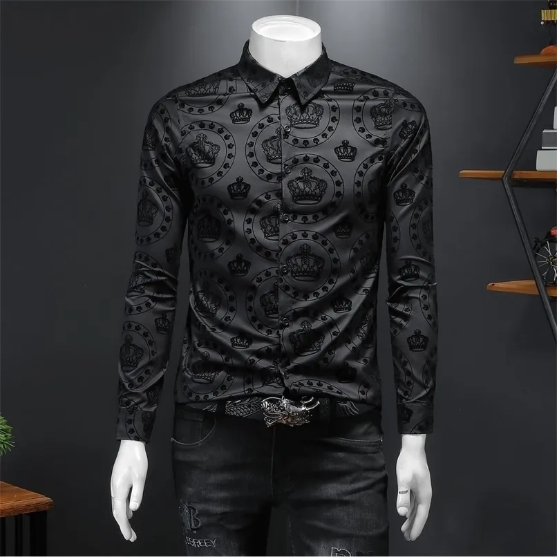 Luxury Black Crown Flocking Men T Shirts Affär Formell Klänning Långärmad Casual Mäns Camisa Social Masculina 220322