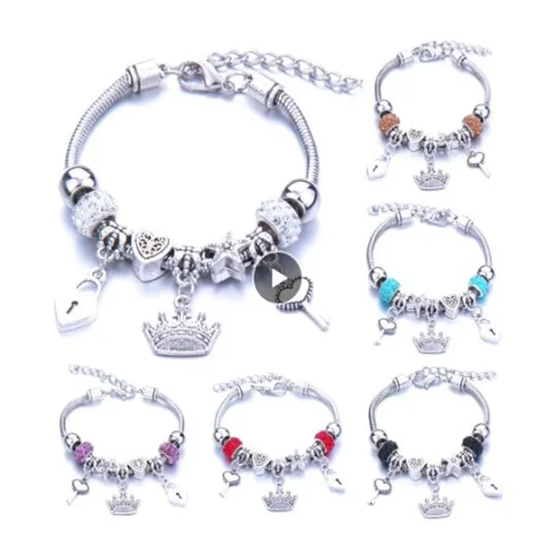 Antique Original Crown key lock Shape Charm Bracelets For Women Glass Beads Brand Bracelet Bangle DIY Jewelry Gifts GC1066