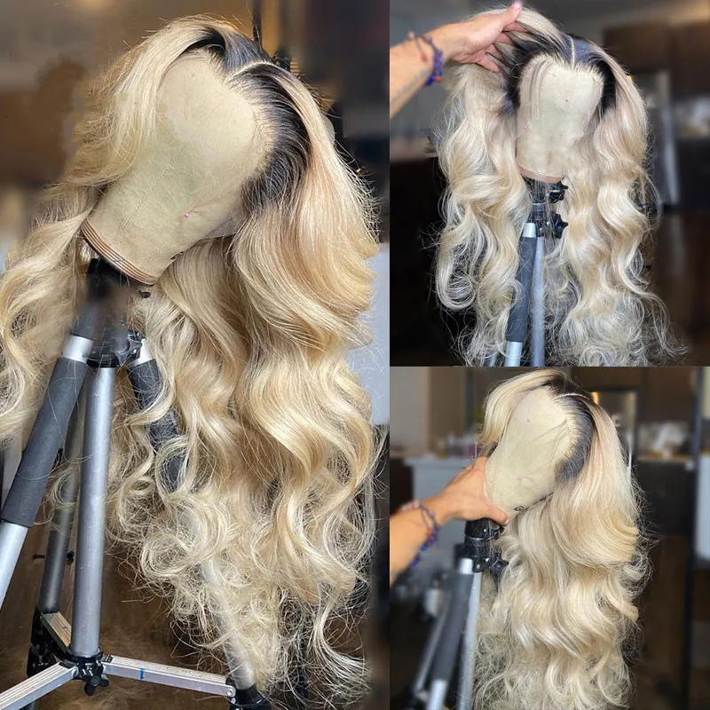 1B 613 OMBRE BLONDE Remy BODY WAVE PERUVIAN LACE FRONT WIGS 13X4 사전 뽑은 표백제 베이비 헤어 200% 밀도