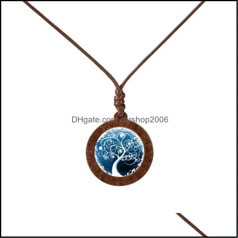 Pendant Necklaces Vintage Art Tree Painting Glass Cabochon The Of Life Jewelry Rope Chain Wooden Charm Statement Necklace Gifts N052