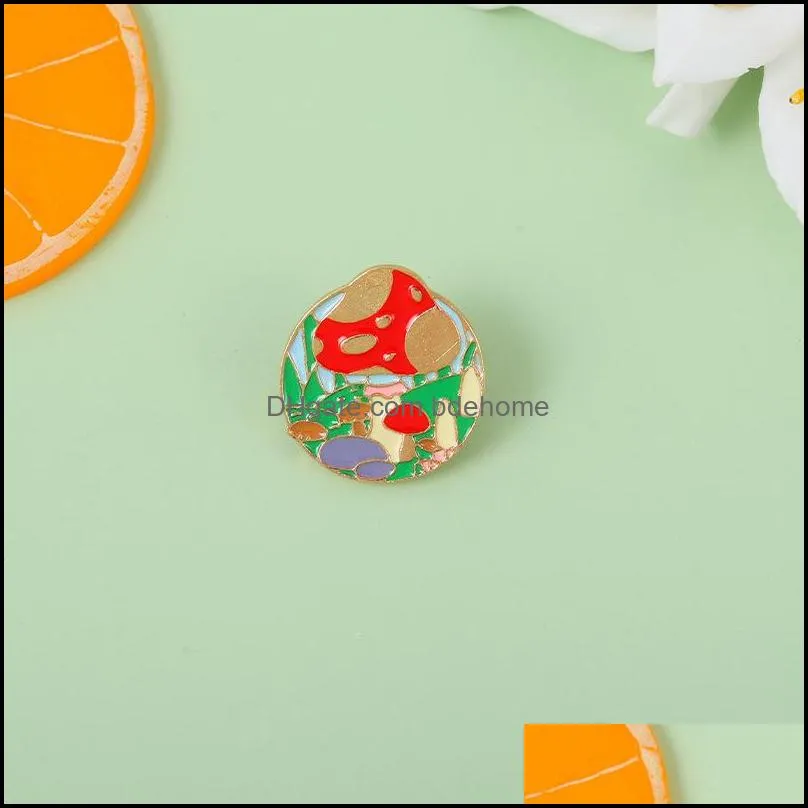 european plant mushroom round shaped brooches pins unisex paint alloy circle clothes badge for backpack hats sweater clothing brooches