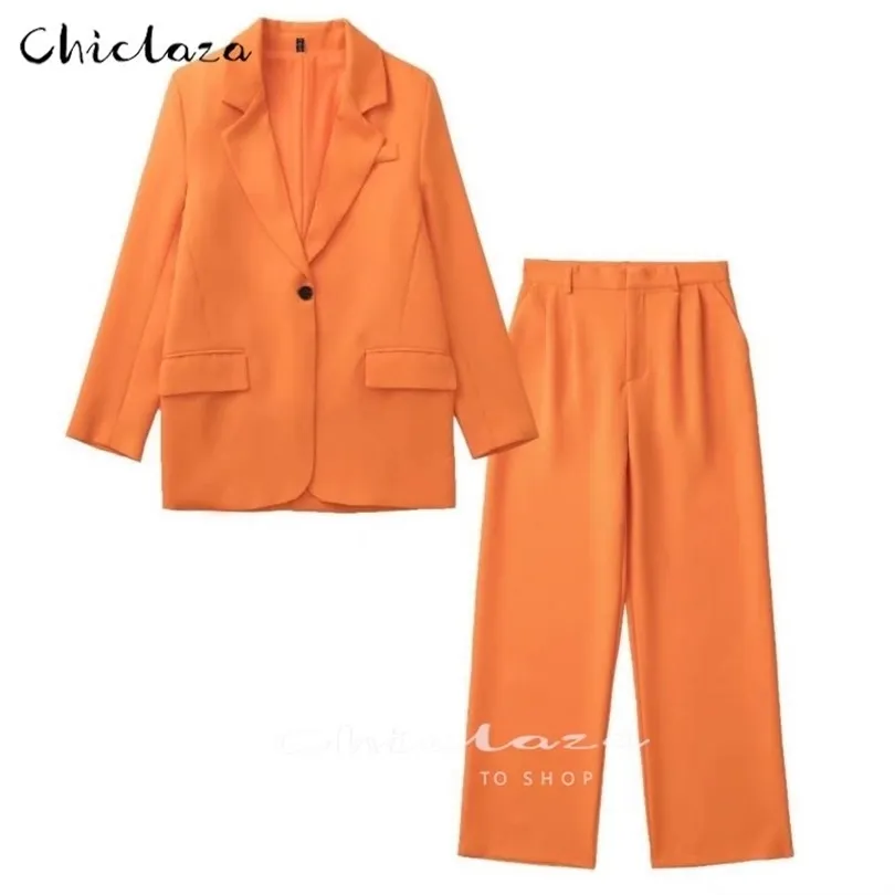 ChicLaza Women Blazers Ustaw damski kombinezon biurowy płaszcz Vintage Long Rleeve Jacket Casual Female Tops High Talle Pants 220812