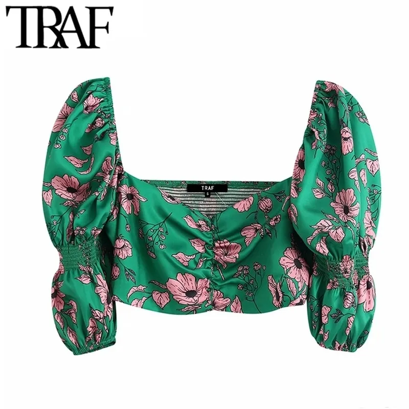 Traf Women Sweet Fashion Floral Print Cothed Bluzki Vintage V Szyf Puff Rleeve