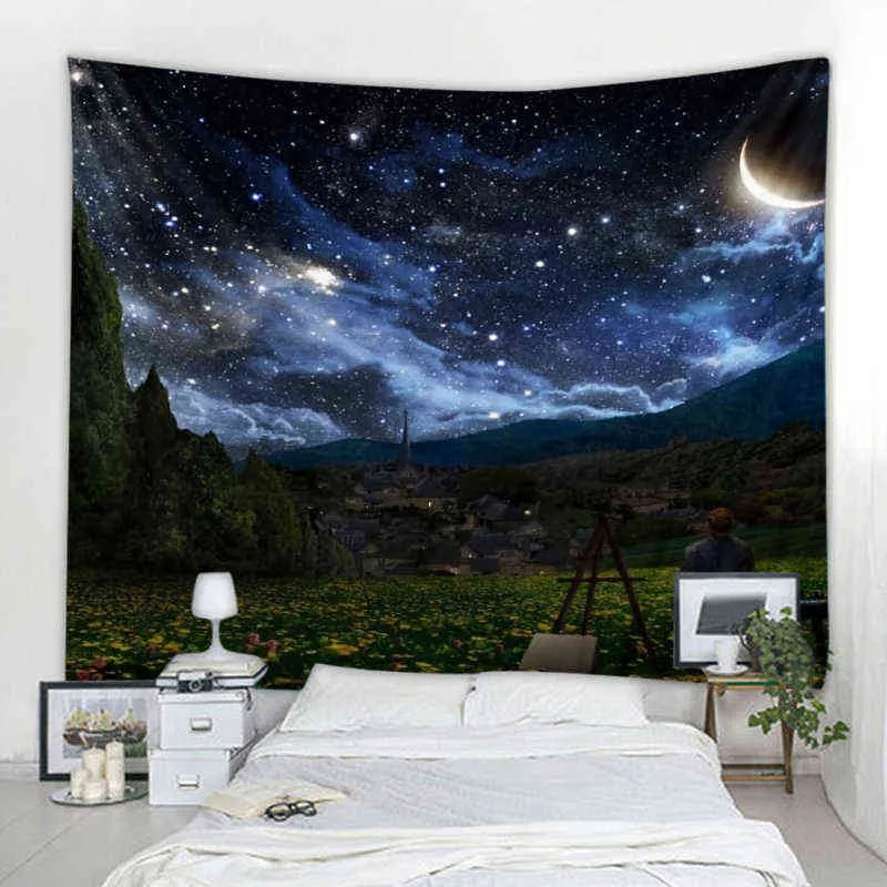 Starry Sky Forest Landscape Decoration Tapis Curtains Nordic Style Bohemian Hippie Wall J220804
