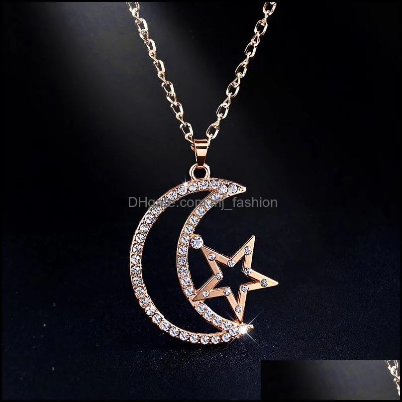 moon & star pendant necklace color silver gold lover`s engagement jewelry rhinestone necklaces