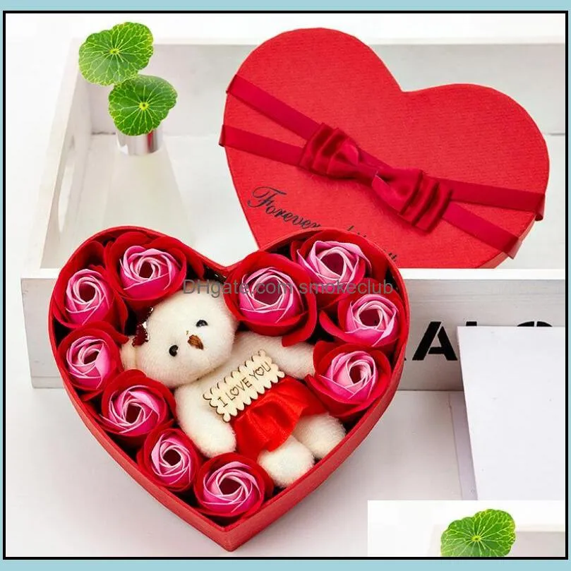 Fedex 10 Flowers Soap Flower Gift Rose Box Bears Bouquet for 2022 Valentines Day Wedding Decoration Gift Festival Heart-shaped Box