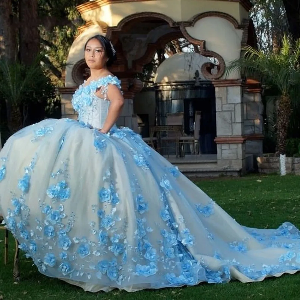 2022 Sweet 16 Quinceanera Light Blue Prom Dress with Pearls, Floral Applique, and Off-Shoulder Short Sleeves in Bahama Blue