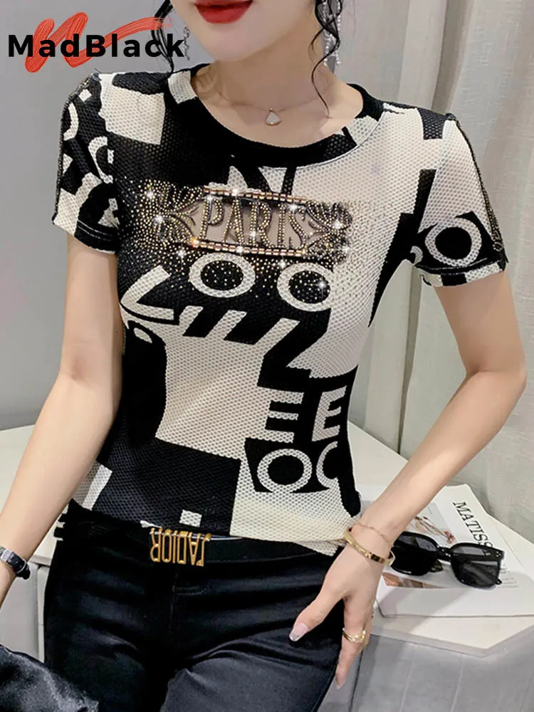 Tshirt da donna MadBlack Summer Chic Sexy Oneck Stampa Lettera Patchwork Shiny Diamond Tops Manica corta Hand Make Tees T25004L 230206