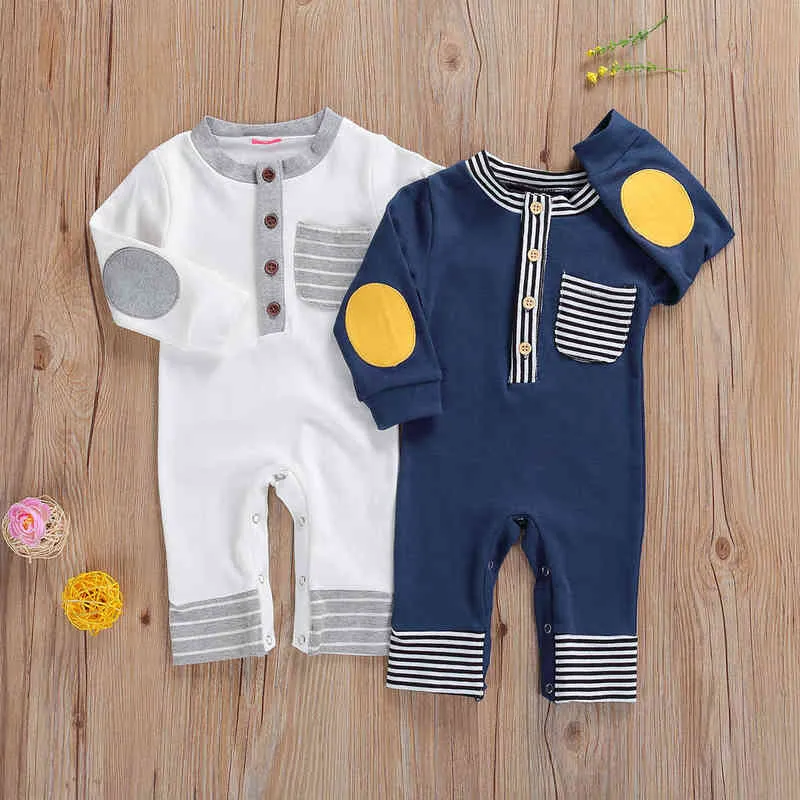 Nouveau-né bébé rayé barboteuse avec poche à manches longues col rond combinaison infantile enfant en bas âge enfants printemps automne tenue G220521