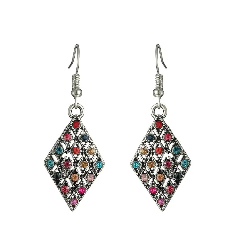 Färgglada Rhinestone Rhombus indiska örhängen kvinnliga dinglers Jhumka smycken Bohemian Boho retro örhängen kvinnor grossist