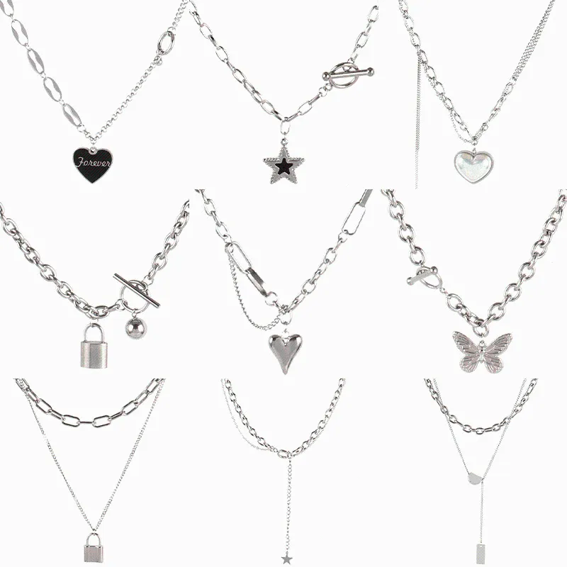 Pendant Necklaces Punk Lock Thick Chain Trend Long Stainless Steel Necklace Heart For Women Jewelry Choker Double Layer