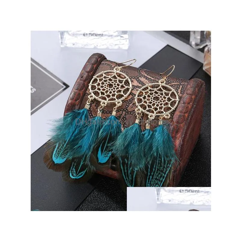 bohemian fashion jewelry vintage dreamcatcher earrings feather tassel dangle earrings