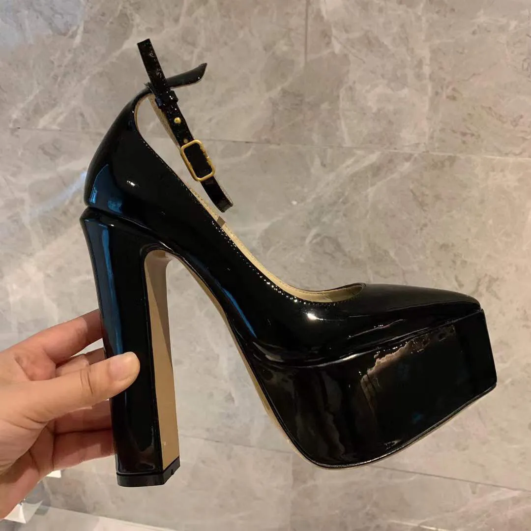 high quality black Patent leather platform Pumps shoes strap Pointed toe Nude shoes high-heeled sandals 15cm Luxury Designers Dress shoe Evening factory footwear