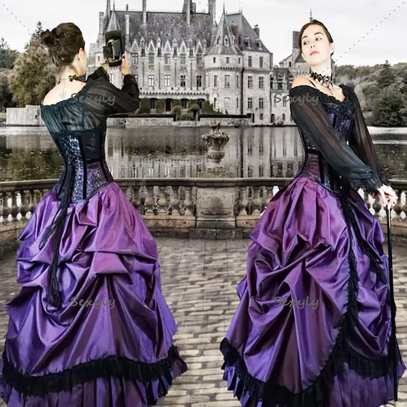 Retro svart lila gotisk bröllopsklänning 2022 av axlar långärmad medieva bröllopsklänningar taffera ruffles spets civil brud parti slitage vestido de novia