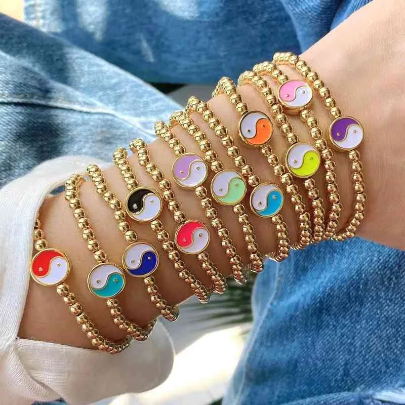 10st Fashion Färgglada Emalj Yin Yang Charms Guld Bead Ball Stettbar Elastisk Tai Chi Stretch Copper Beaded Handgjord Armband