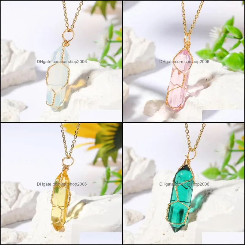 fashion colorful glass hexagonal prism pendant gold wire wrap necklace for women jewelry carshop2006