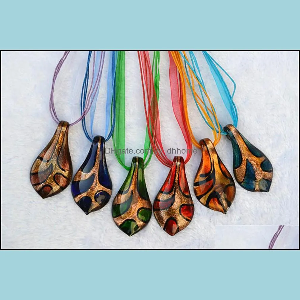 6pcs handmade murano gold sand lampwork glass necklace art glaze multicoloure leaf pendant necklace for women