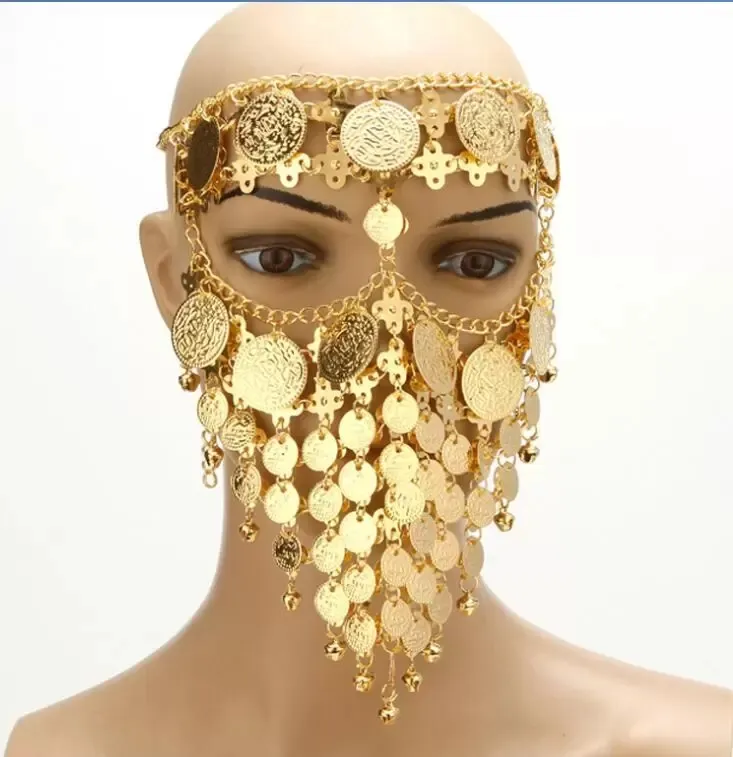 Women Masquerade Masks Stage Cosplay Belly Dance Jewelry Coin Bell Veil Party Bauta Facemask Halloween Christmas Dance Play Accessories Golden Silvery