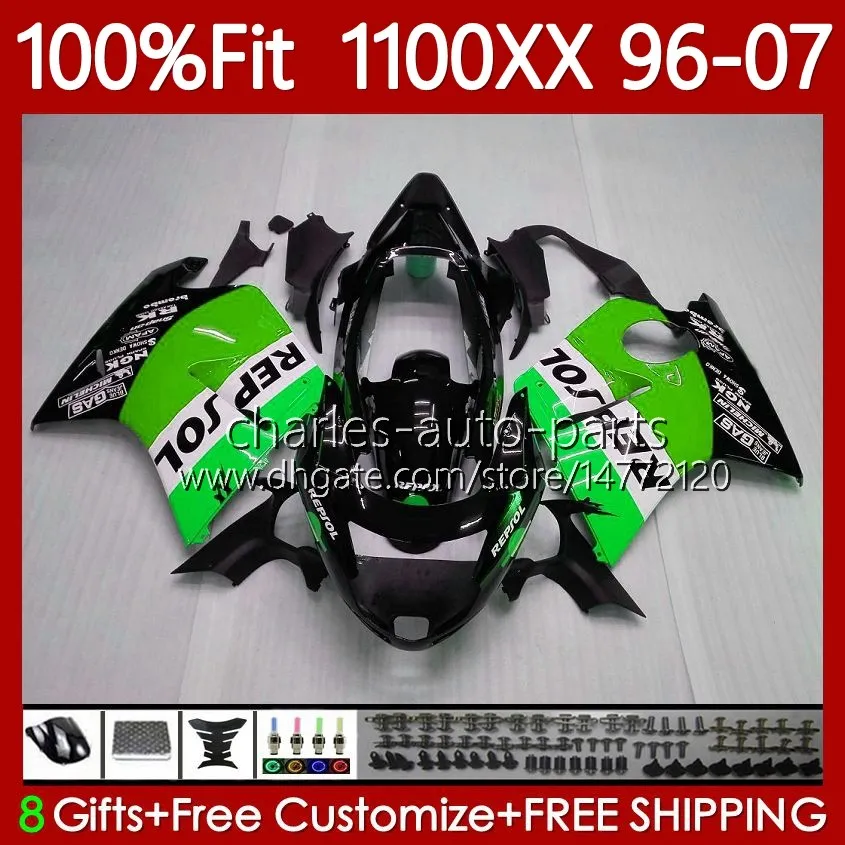 Injection Body For HONDA CBR1100 CBR 1100XX 1100 XX CC 114No.136 Blackbird CBR1100XX 1996 1997 1998 1999 2000 2001 2002 2003 2004 2005 2006 2007 Fairing Repsol green