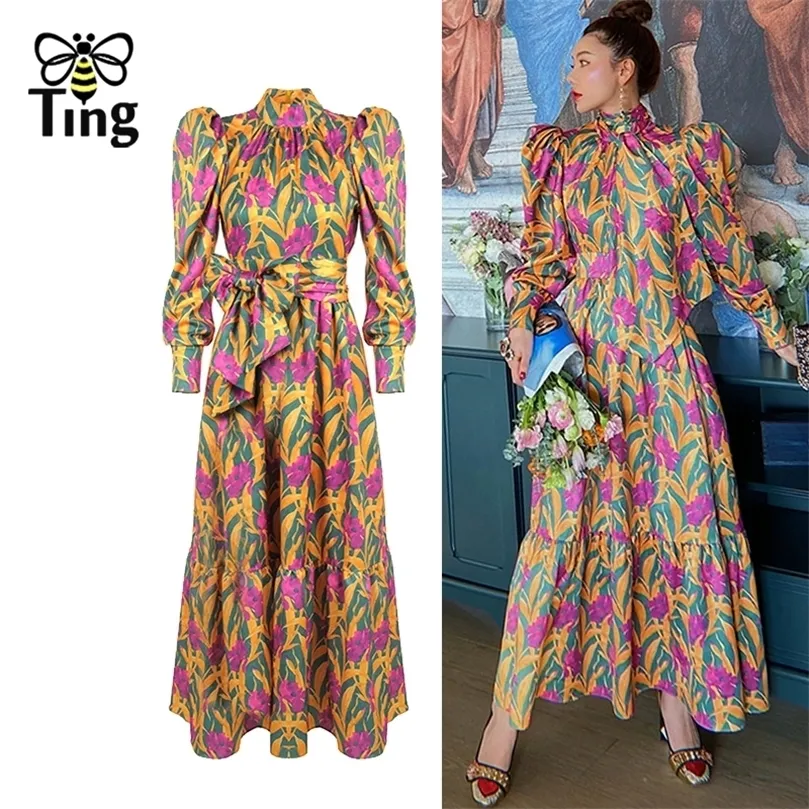 Tingfly vintage designer Runway Puff Sleeve Spring Autumn Midi Long Dresse Party Night Dresses Floral Sexi Eesthetic Robe 220423