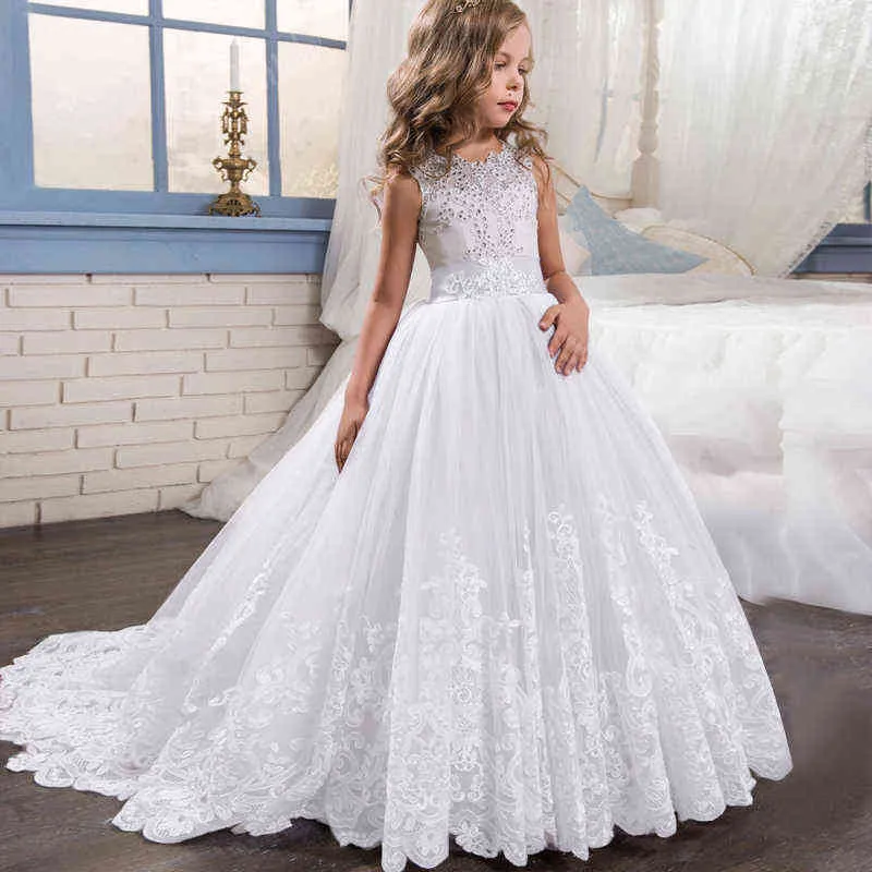 2022 Filles d'été robe blanche demoiselle d'honneur enfants robes pour filles enfants longue robe de princesse costumes de mariage de fête 10 12 ans Y220510