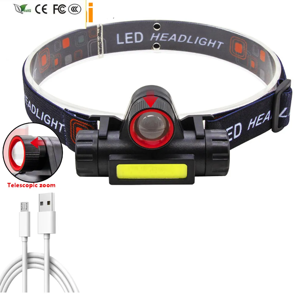 New Xp-g Q5 COB Led Headlamp Built In Usb Rechargeable 18650 Battery 2500lm Zoomable Headlamp Waterproof Working Night Run Lantern