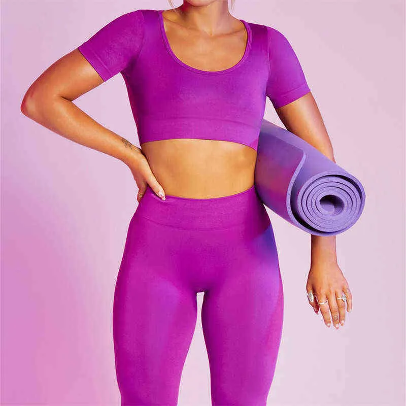 Sports Comfortable Yoga Suit Two Piece Outdoor Sweat Absorbent Short Sleeve Leggings Fitness Exercise PushUp Pants J220706