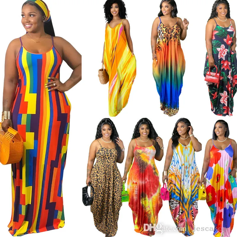 Plus Size Casual Printed Dress 2022 Women Strap Sleeveless Maxi Dresses Nice Color Printing Loose Woman Long Sundress