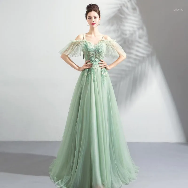 Abiti da festa Fata Prom Ragazze Scollo a V Maniche corte Applique Perline Verde menta Lunghezza pavimento Abiti da sera Vestido De Abito da laurea