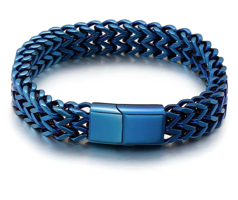 Blu / Nero / Oro / Argento Moda Doppio Figaro Bracciale a catena a maglie per uomo Bracciale in acciaio inossidabile 12mm 8.66 '' Gioielli punk Pesante 64g Peso