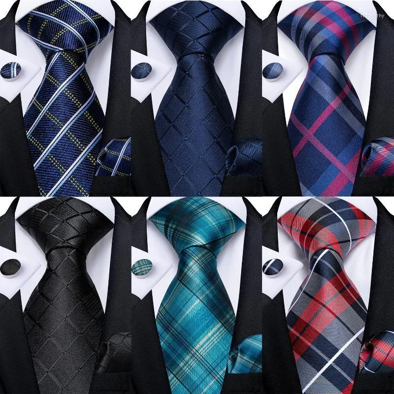 Bow Ties Blue Red Black Plaid Fashion Brand Men's Silk Set Luxury Wedding Neck Tie Pocket Square Cufflinks Gift For Men Drop Fier22