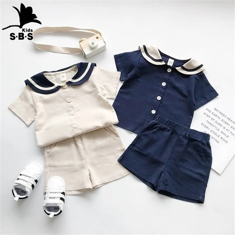 Giapponese e coreano Bear Mood Navy Style Kids Sailor Collar T-shirt in cotone e lino Pantaloni 2 pezzi Abiti estivi Set Ragazzi Ragazze Suit 220620