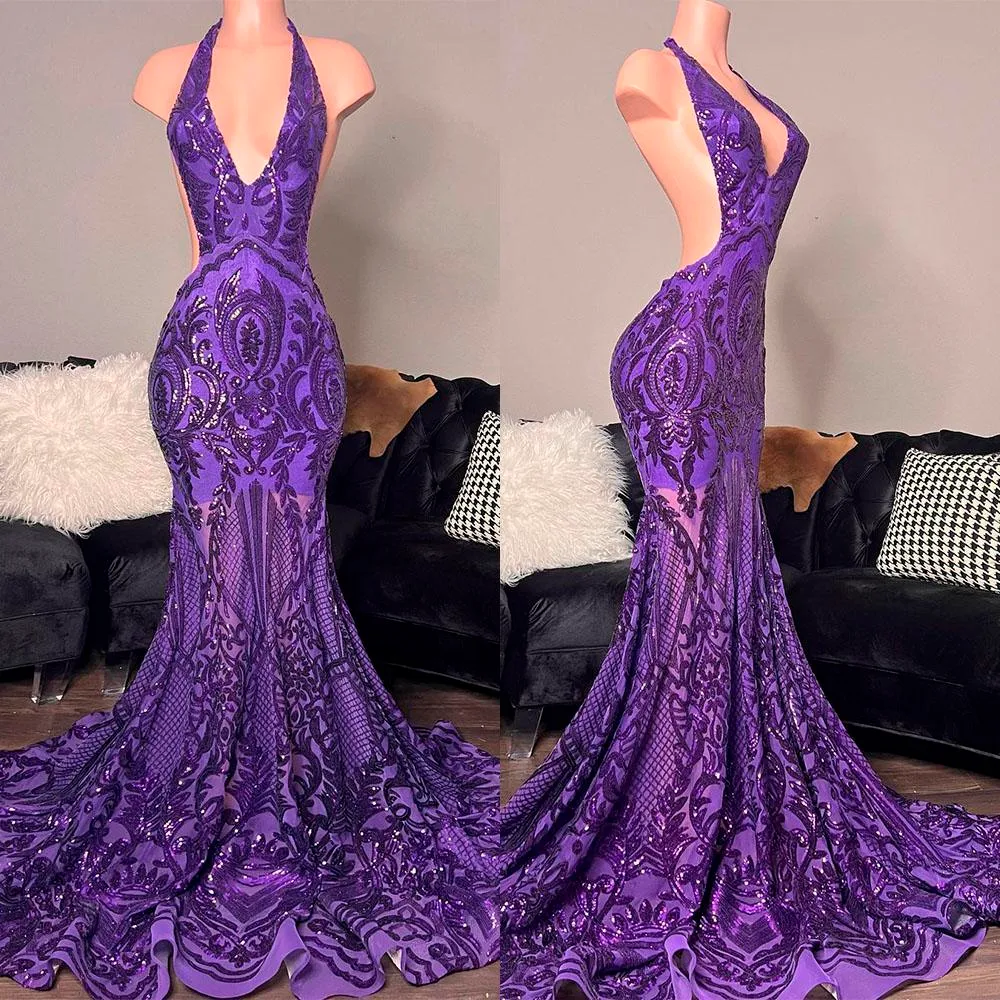 Sexy Halter Hals Paars Halter Prom Jurken Kant Applicaties Lovertjes Avondjurk Zwarte Meisjes Mouwloze Lange Trein Vloer Lengte Formele Party Toga