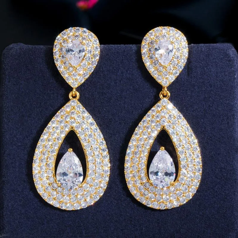 Dangle żyrandol Cwwzircons Najwyższa jakość błyszcząca łza kropla sześcienna cyrkonżu 585 Złote długi wisiorek dla kobiet biżuteria imprezowa CZ653