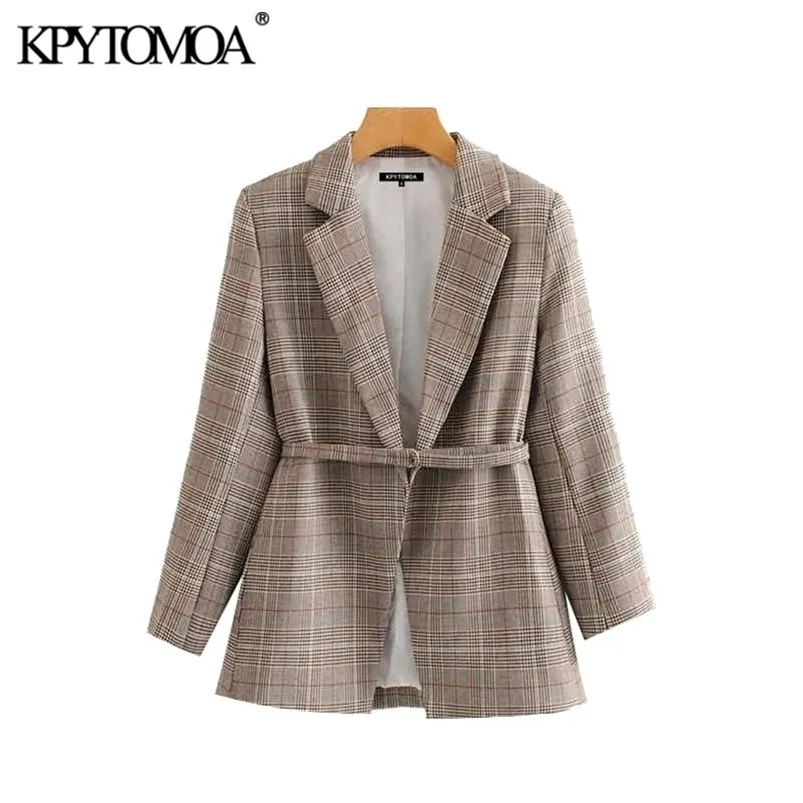 Vintage Stylish Office Wear Plaid Blazer Coat Kobiet 2020 Modny długi rękaw z paskiem żeńska odzież wierzchnia eleganckie topy LJ200911