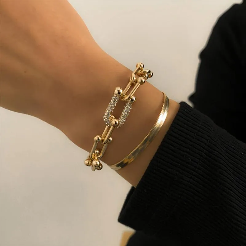 Chain Crystal U-shaped Buckle Metal Bracelet Statement Gold Silver Color Link Fashion Pulseras Women Bijoux Gift
